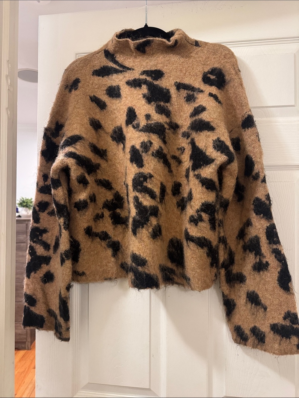 Commense Camel and Black Fuzzy Animal-Print Teddy Pullover